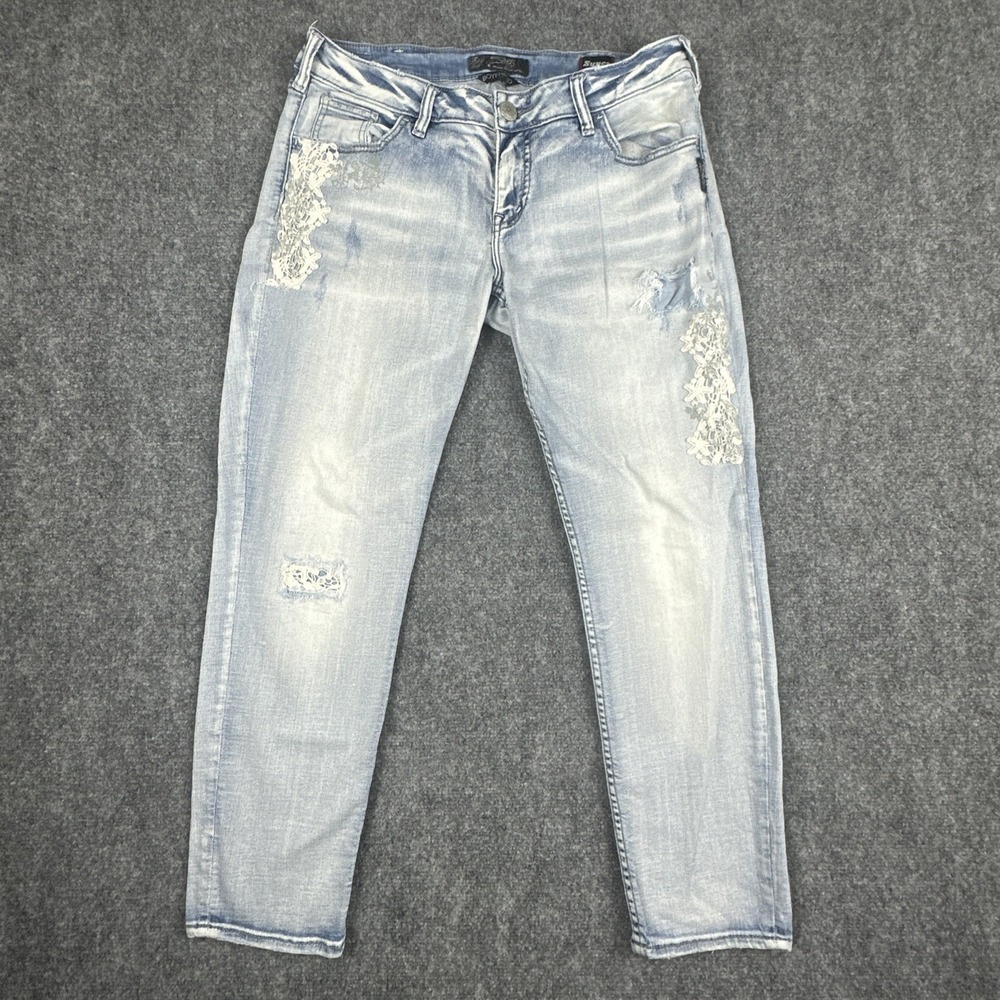 Silver Jeans Co Women's W31/L25 Boyfriend Light Acid Wash Crochet Lace Overlay